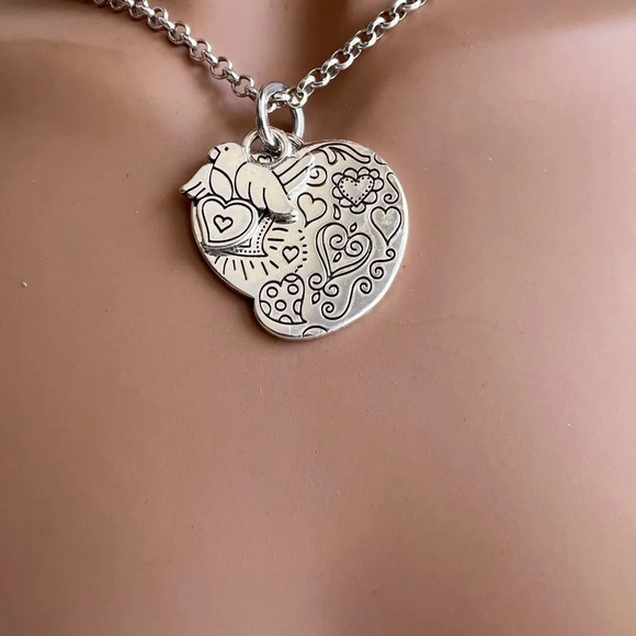 Brighton Swarovski bird heart chain necklace New.  Silver plated long chain. - Picture 3 of 6